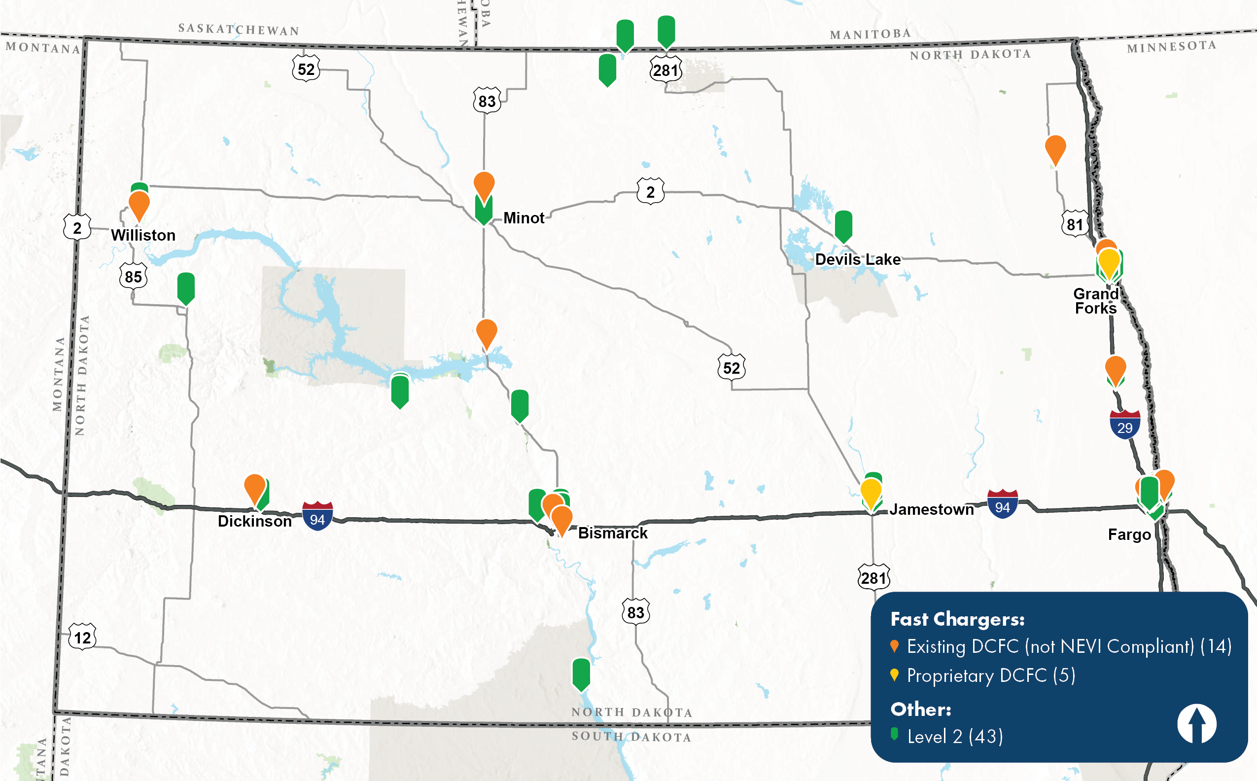 map showing locations of chargers across the state of ND.